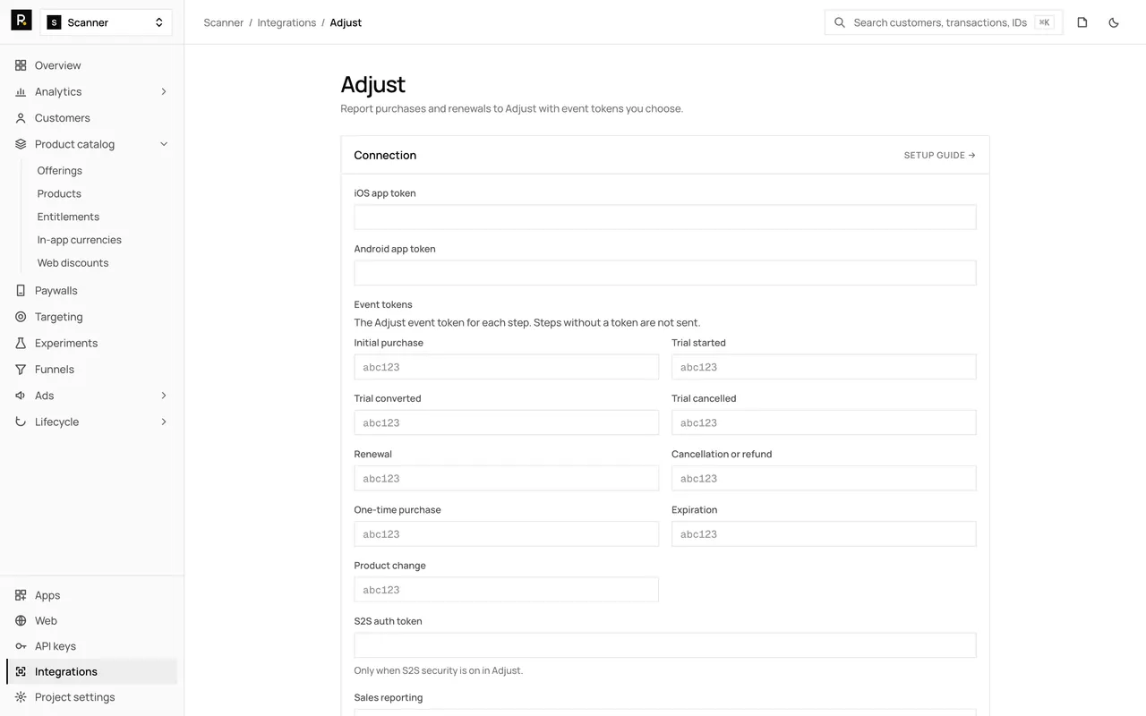 The Adjust integration page in the RevenueDot dashboard, with its settings form