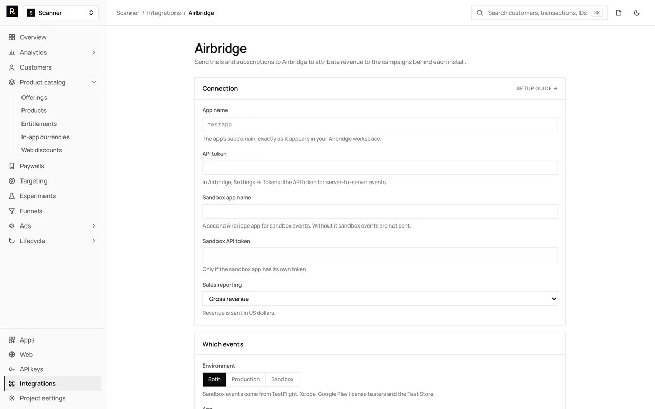 The Airbridge integration page in the RevenueDot dashboard, with its settings form