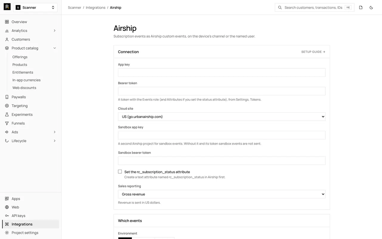 The Airship integration page in the RevenueDot dashboard, with its settings form