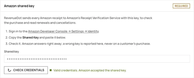 The Amazon app page in the RevenueDot dashboard with the shared key field, the Real-time Notifications URL and its live status