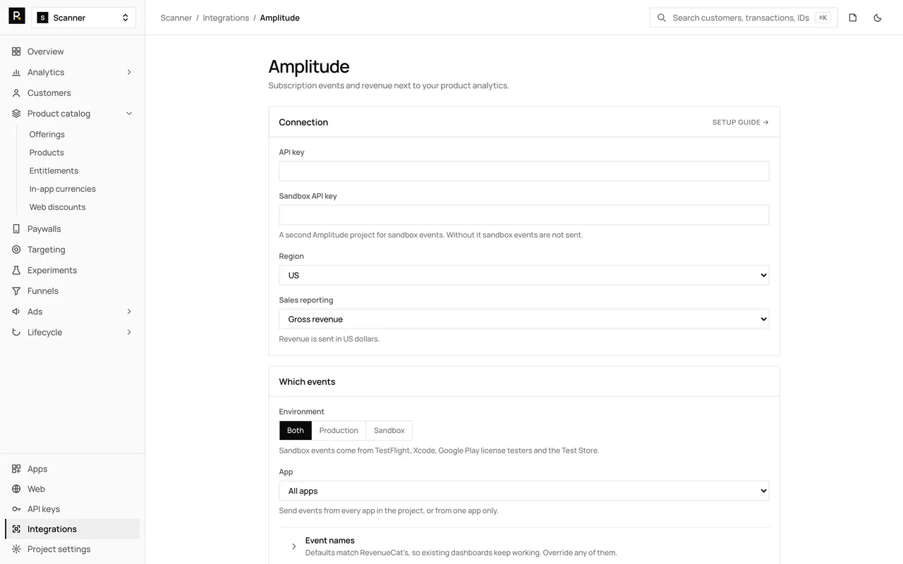 The Amplitude integration page in the RevenueDot dashboard, with its settings form