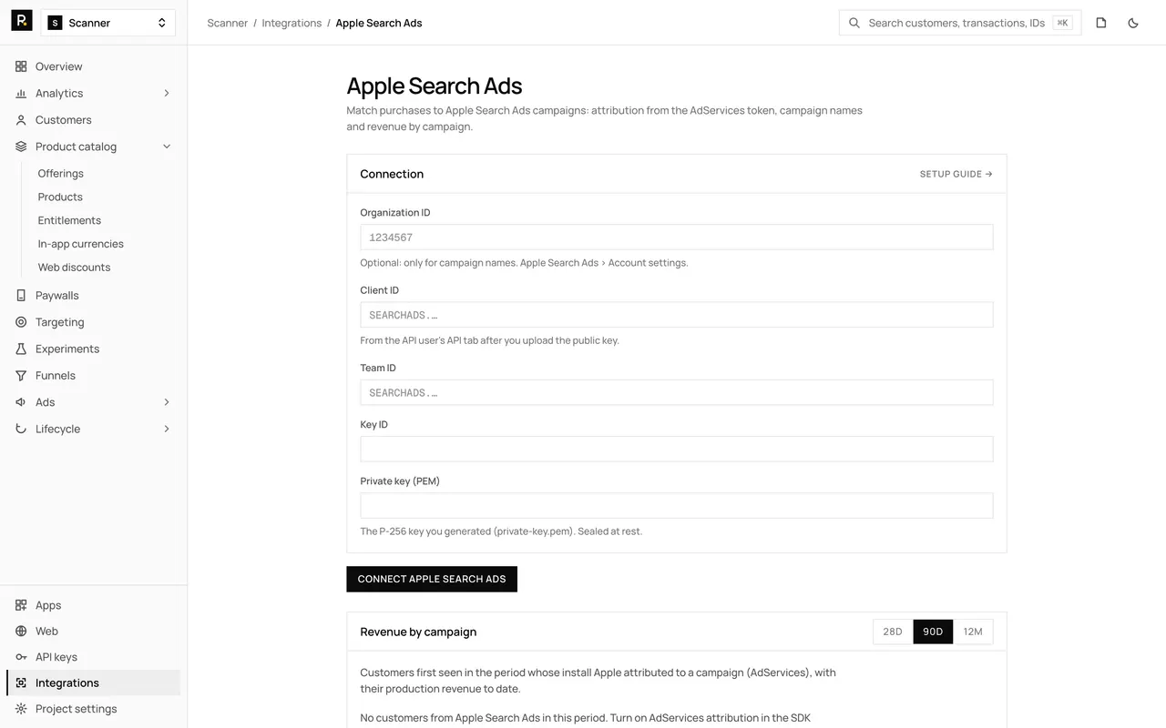 The Apple Search Ads integration page in the RevenueDot dashboard, with its settings form