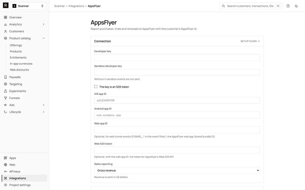 The AppsFlyer integration page in the RevenueDot dashboard, with its settings form