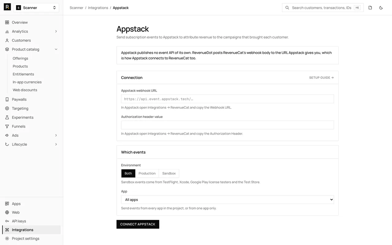 The Appstack integration page in the RevenueDot dashboard, with its settings form