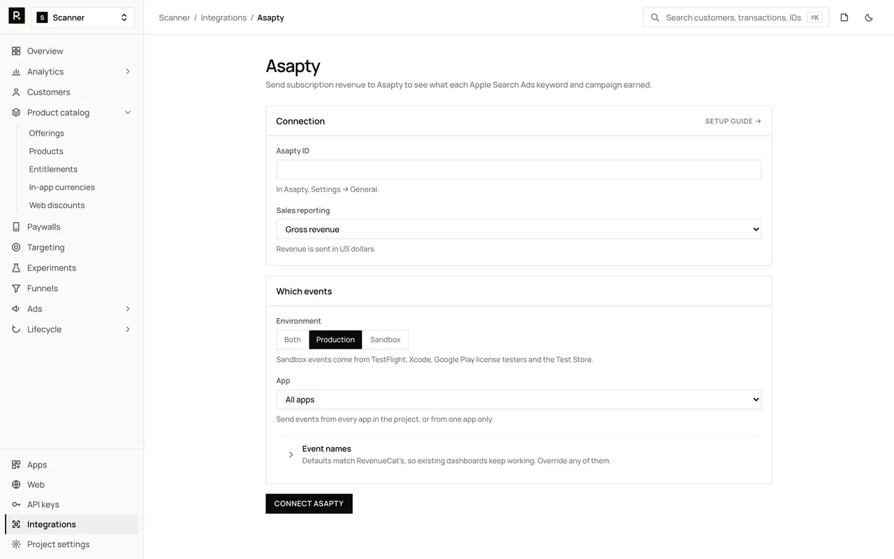 The Asapty integration page in the RevenueDot dashboard, with its settings form