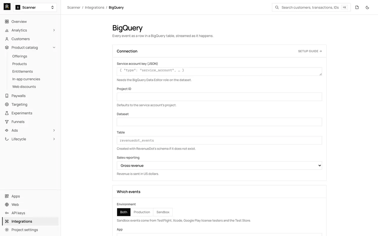 The BigQuery integration page in the RevenueDot dashboard, with its settings form