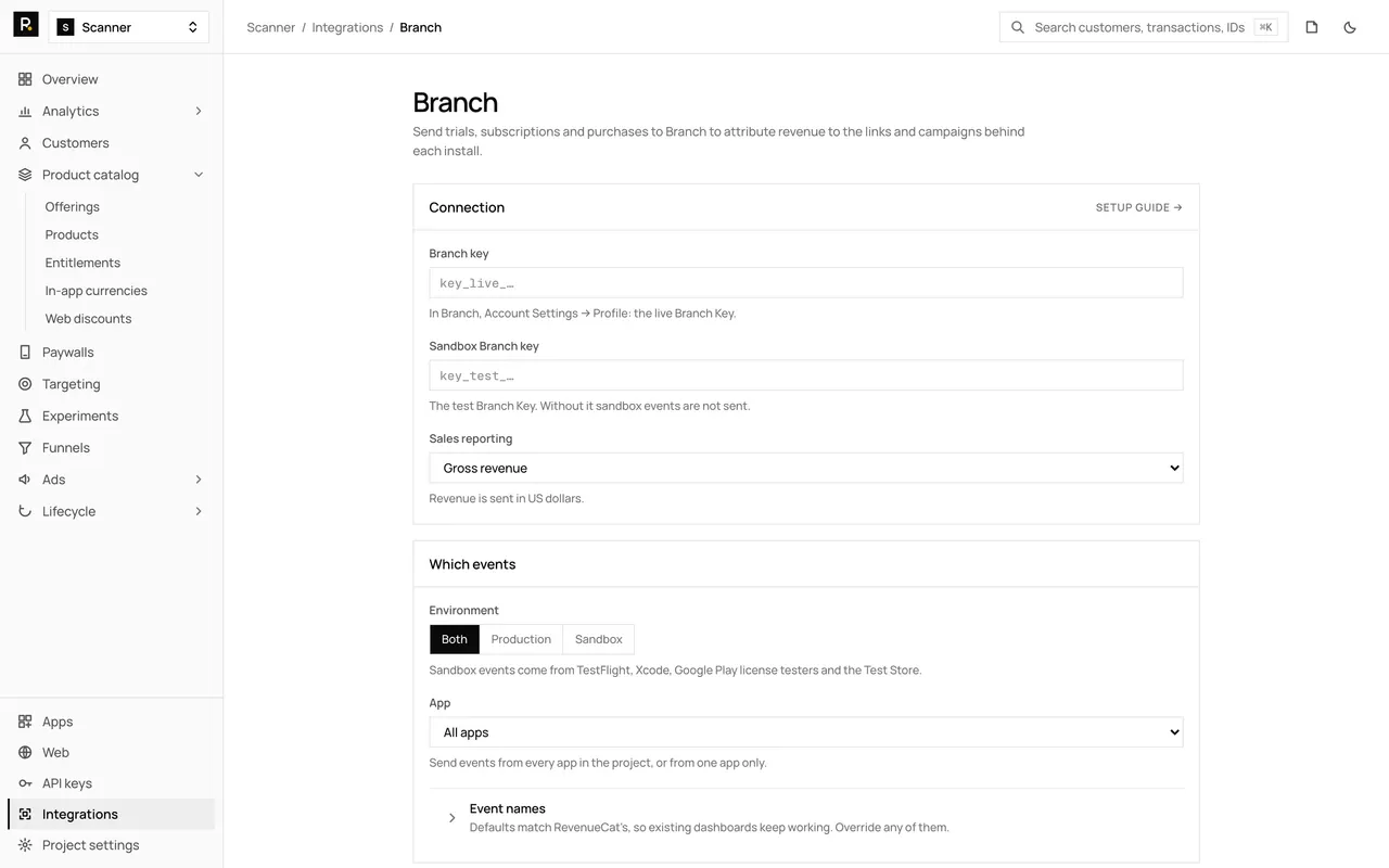 The Branch integration page in the RevenueDot dashboard, with its settings form