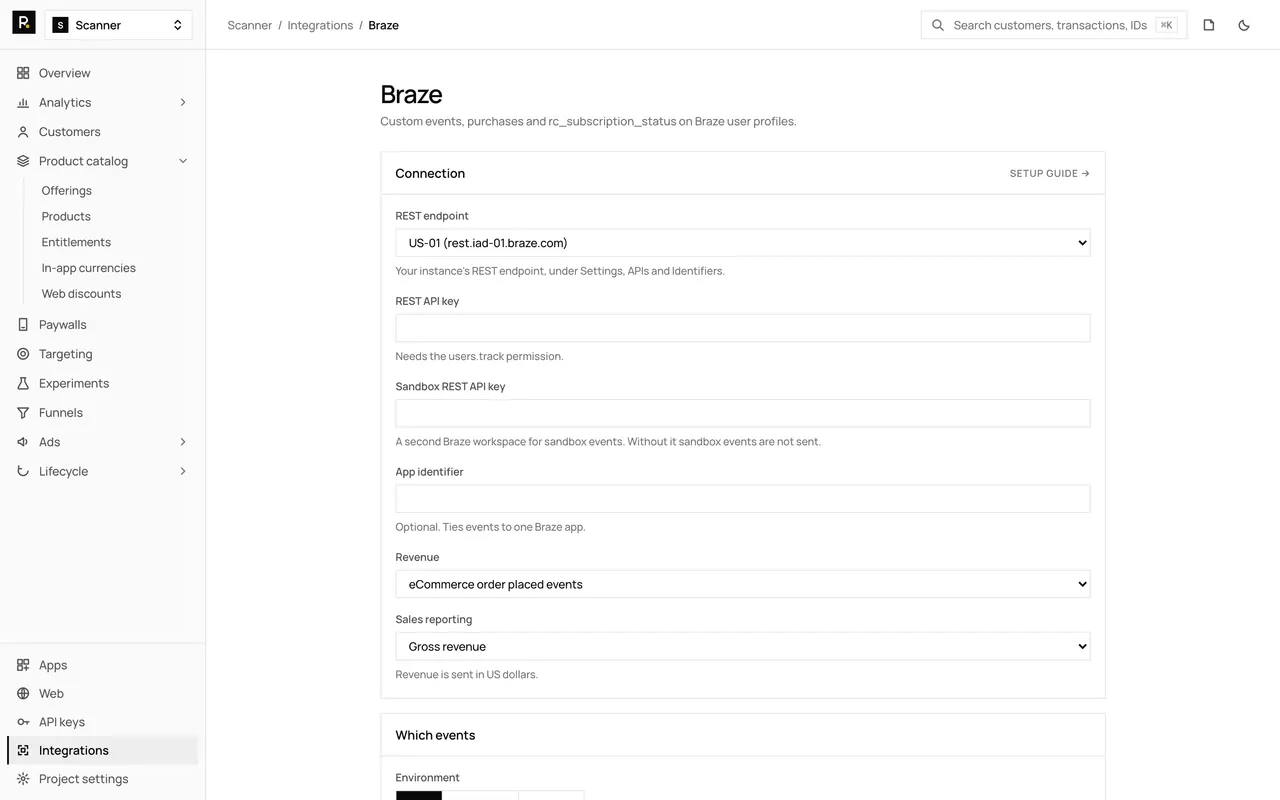 The Braze integration page in the RevenueDot dashboard, with its settings form