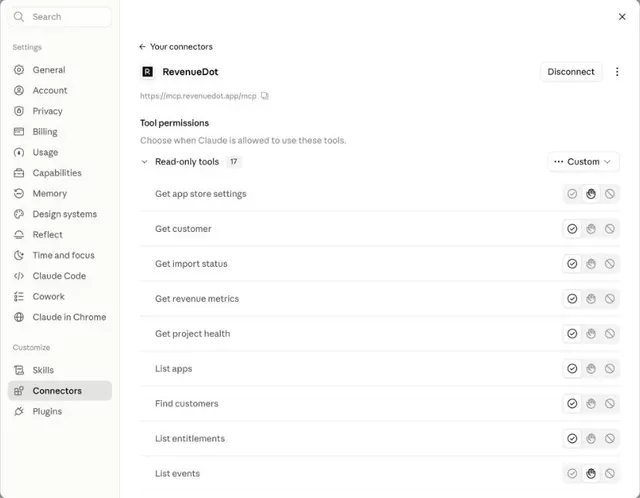The RevenueDot connector in Claude's Connectors settings, listing its tools with their permission toggles