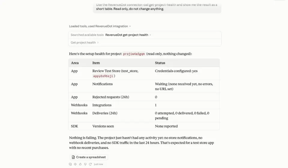 A Claude conversation where the get-project-health tool is called on a RevenueDot project and returns the result