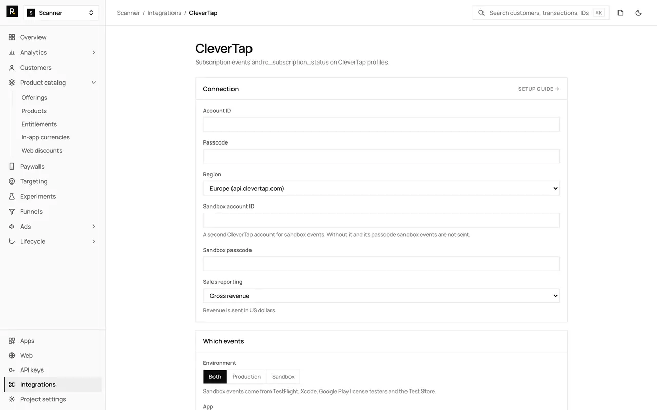 The CleverTap integration page in the RevenueDot dashboard, with its settings form