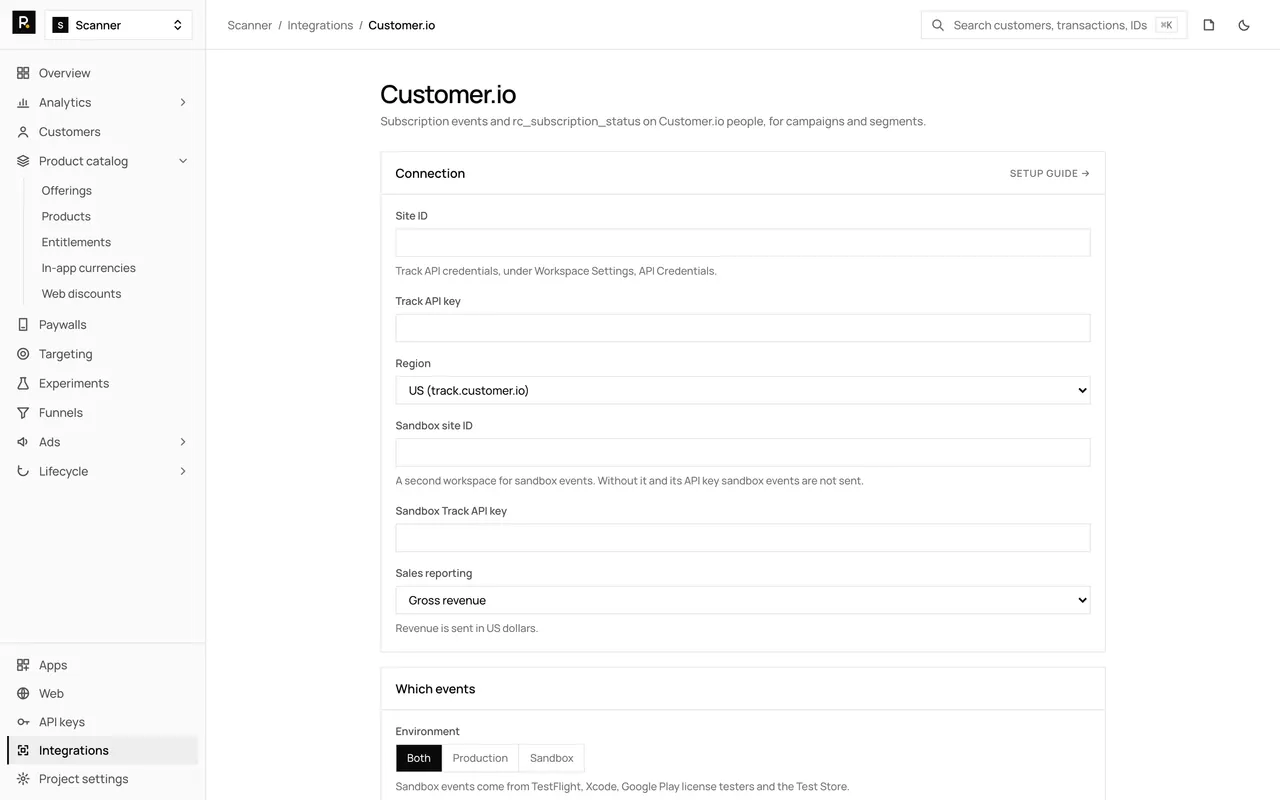 The Customer.io integration page in the RevenueDot dashboard, with its settings form