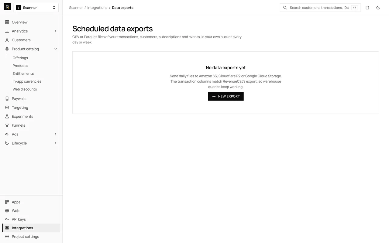 The Scheduled data exports integration page in the RevenueDot dashboard, with its settings form