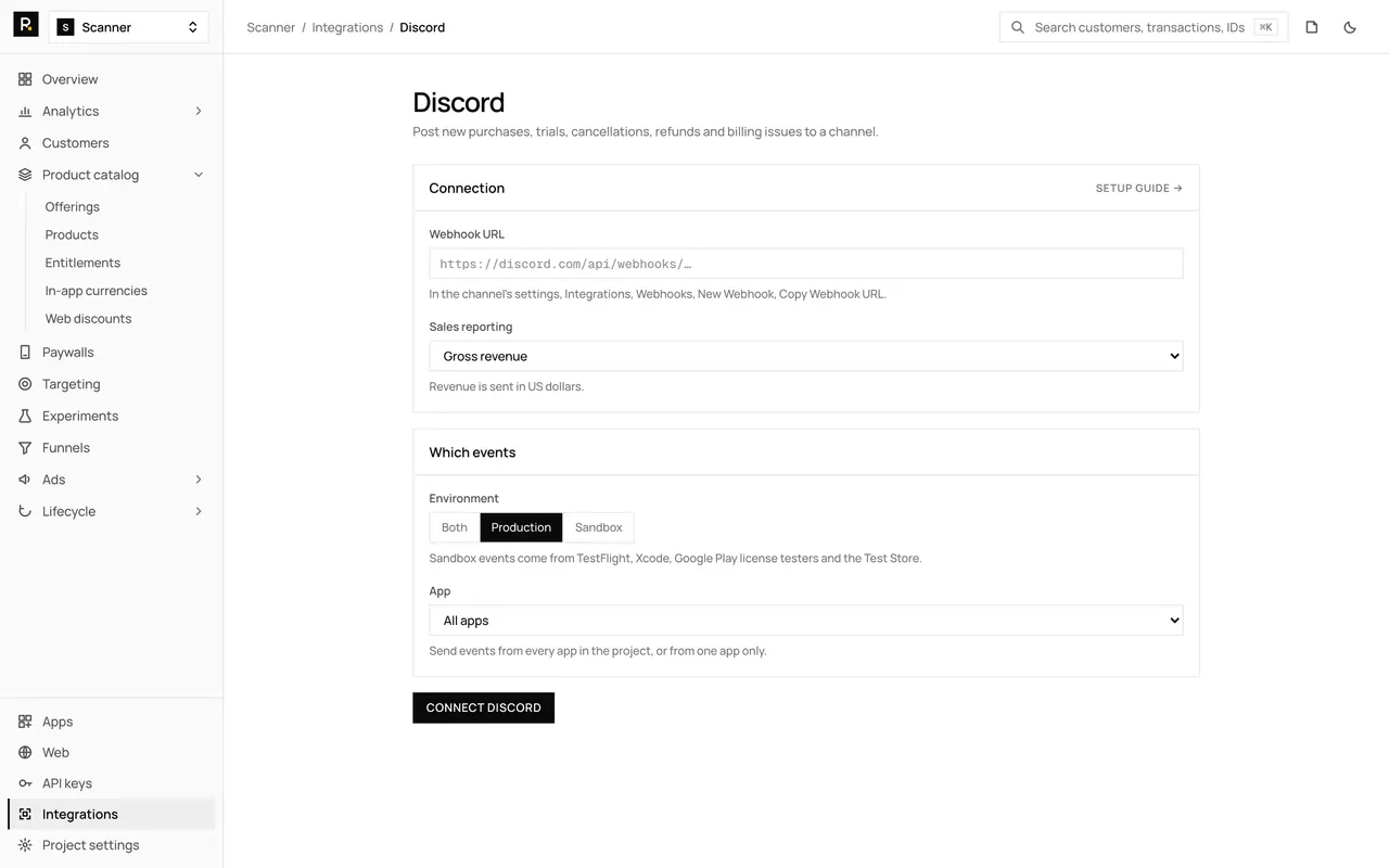 The Discord integration page in the RevenueDot dashboard, with its settings form