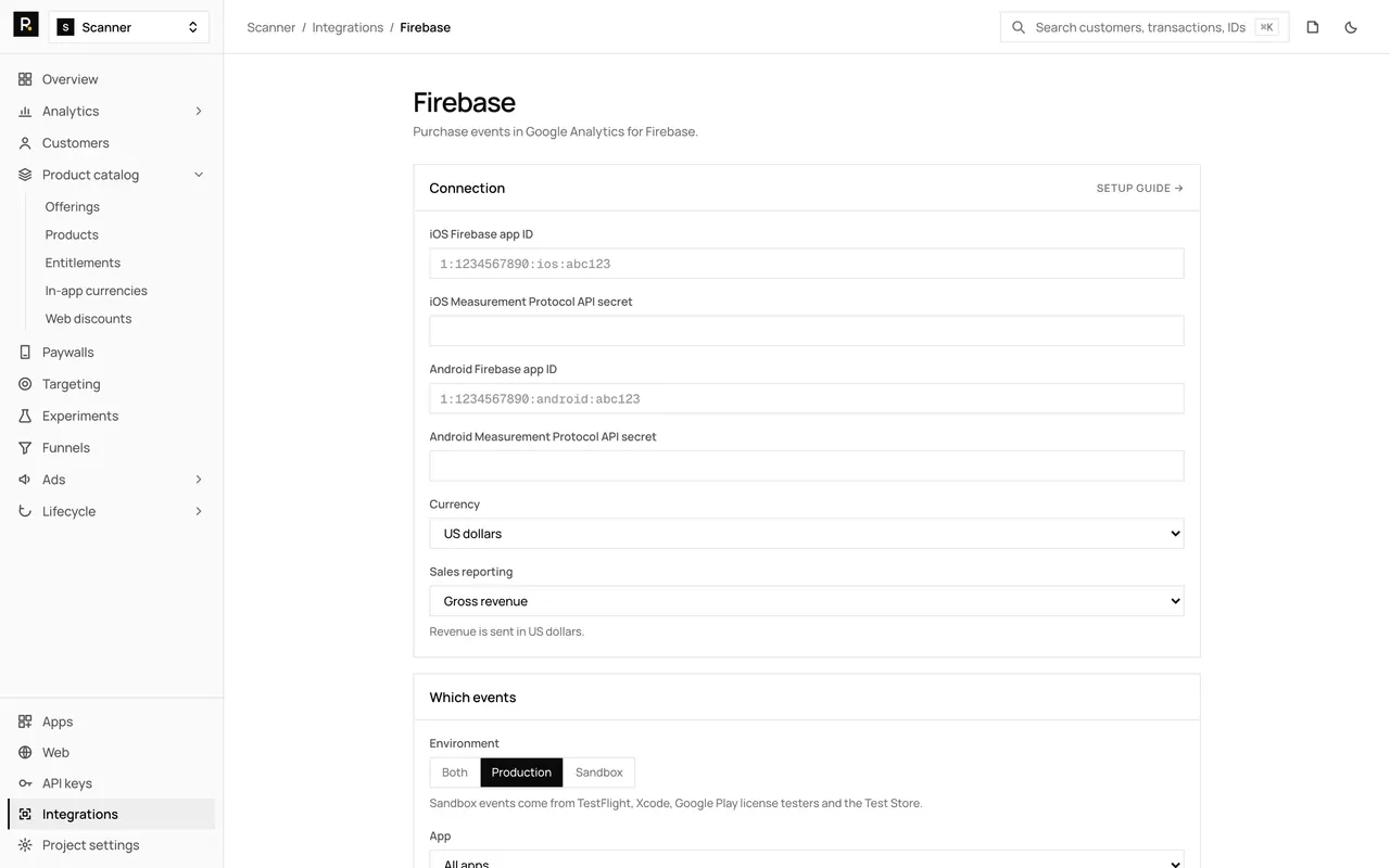The Firebase integration page in the RevenueDot dashboard, with its settings form
