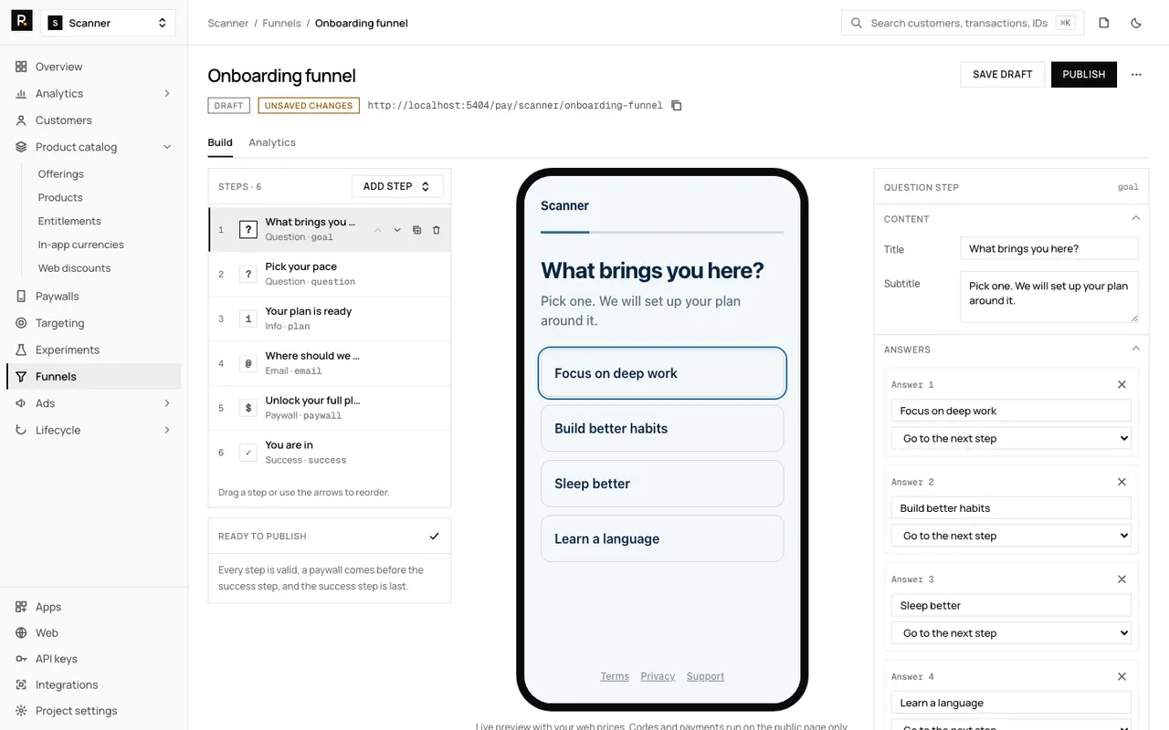 The RevenueDot funnel builder for a funnel named Onboarding funnel. Six steps are listed on the left: two questions, an info step, an email step, a paywall and a success step. A phone preview in the middle shows the question What brings you here with four answers, and the question's title, subtitle and answers are on the right.