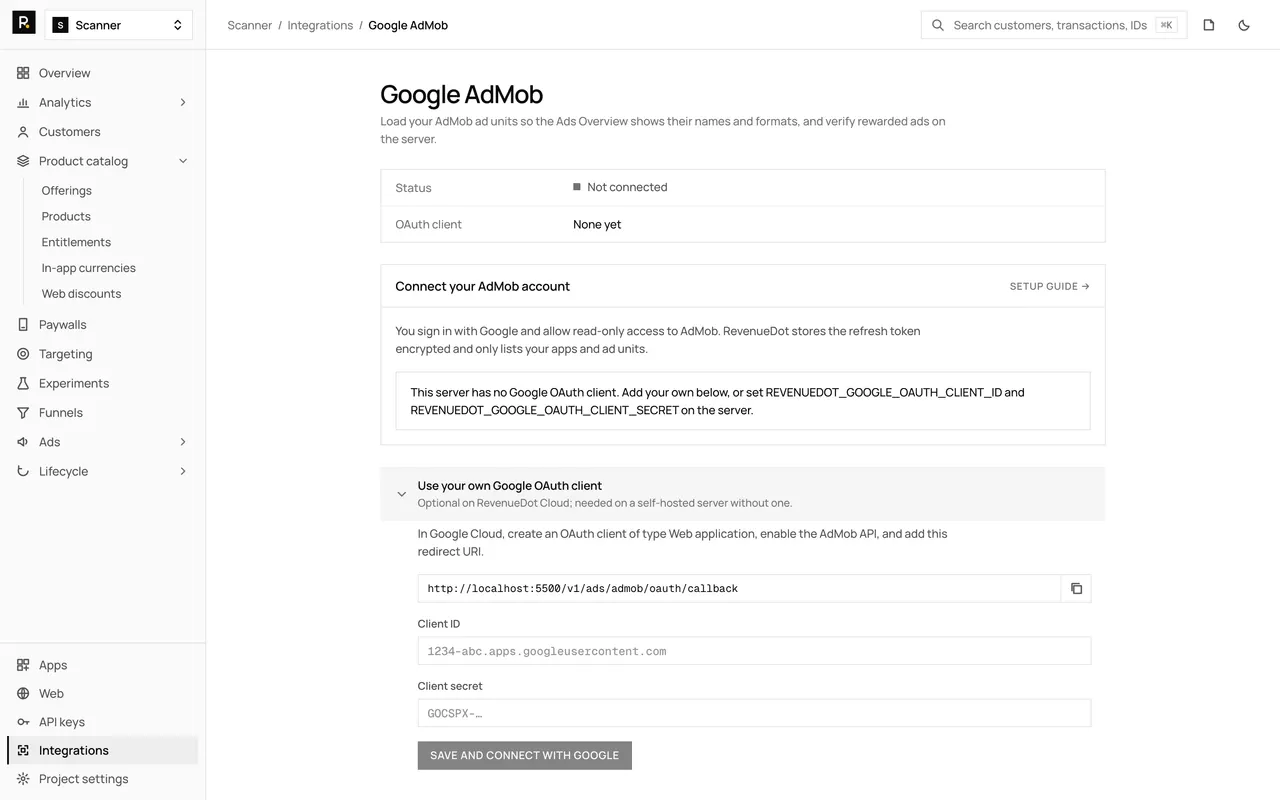The Google AdMob integration page in the RevenueDot dashboard, with its settings form