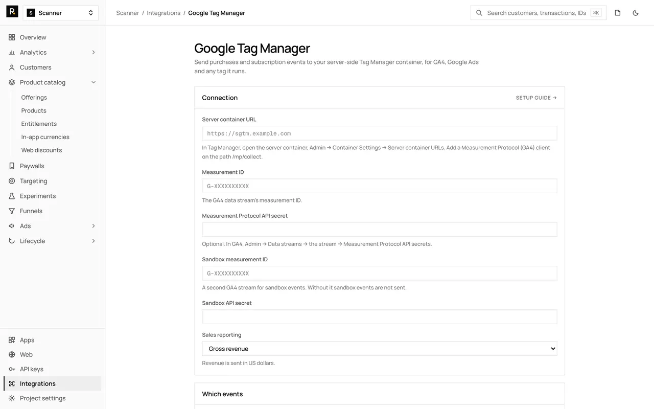 The Google Tag Manager integration page in the RevenueDot dashboard, with its settings form