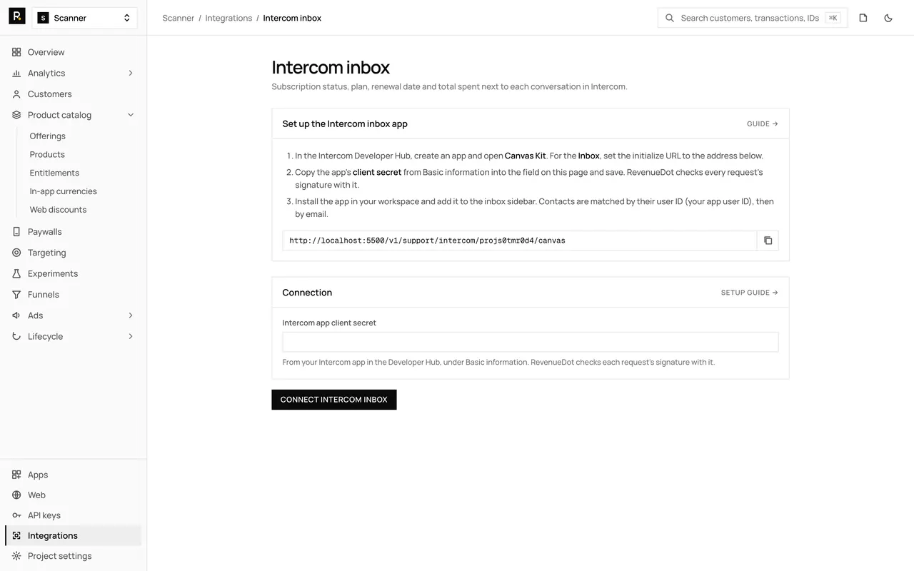 The Intercom inbox integration page in the RevenueDot dashboard, with its settings form