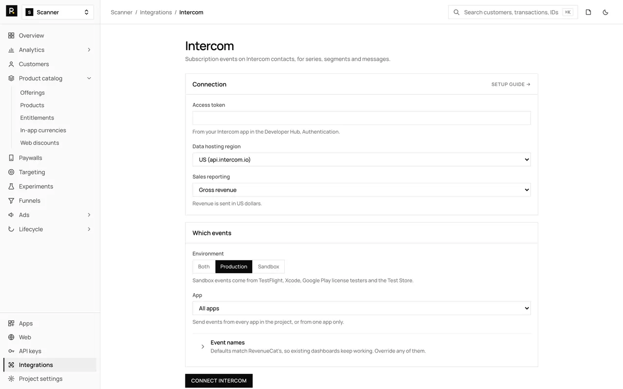 The Intercom integration page in the RevenueDot dashboard, with its settings form