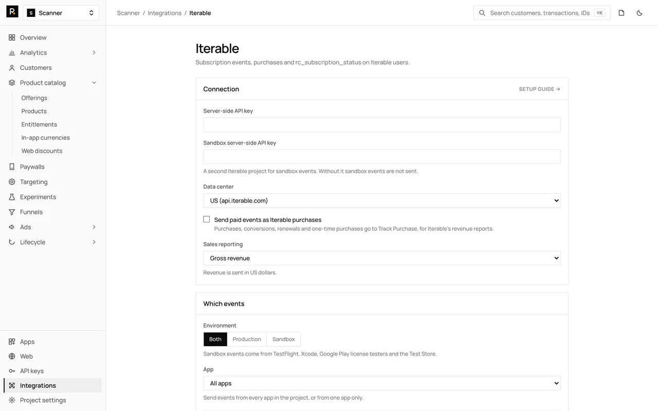 The Iterable integration page in the RevenueDot dashboard, with its settings form