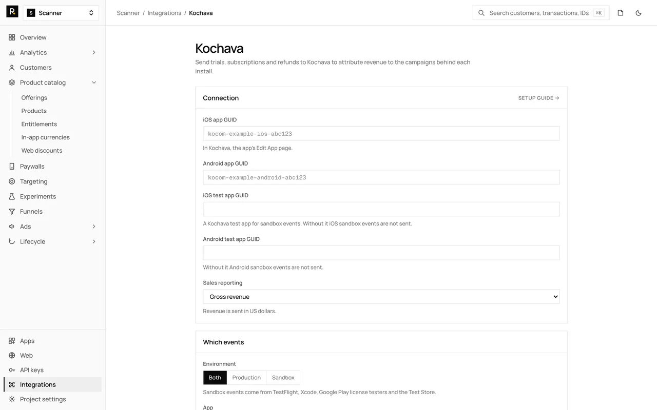 The Kochava integration page in the RevenueDot dashboard, with its settings form