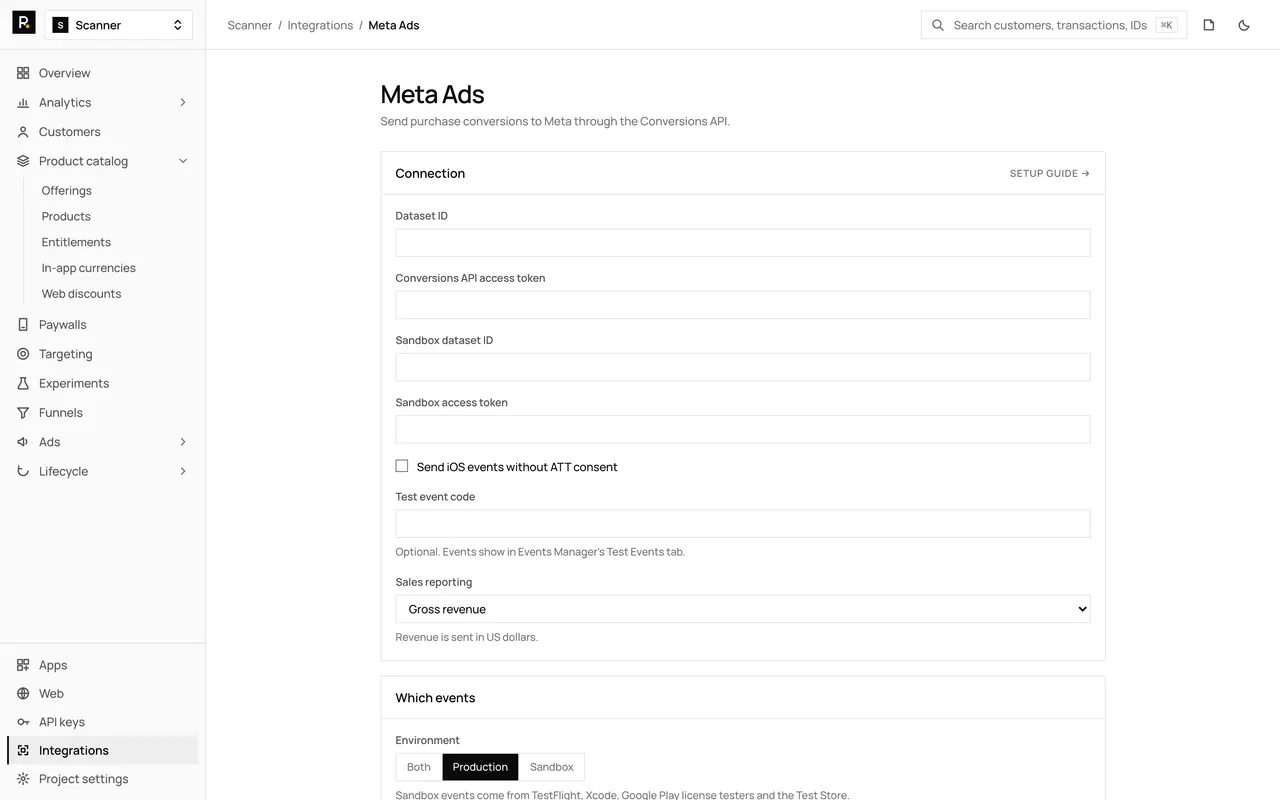 The Meta Ads integration page in the RevenueDot dashboard, with its settings form