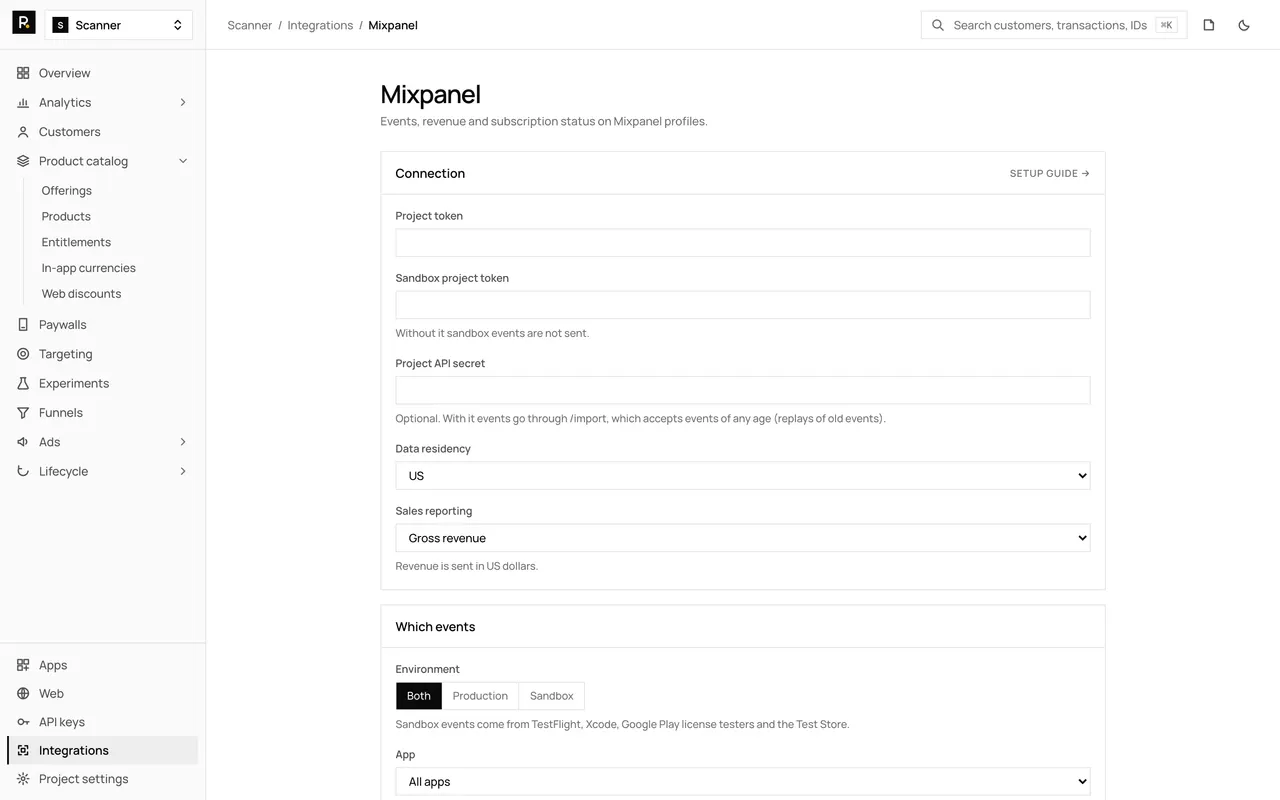 The Mixpanel integration page in the RevenueDot dashboard, with its settings form