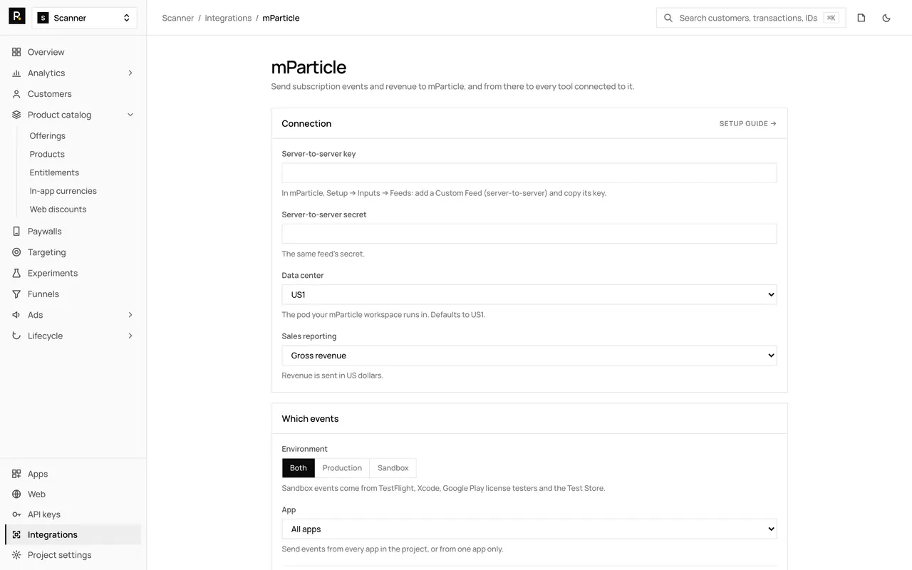 The mParticle integration page in the RevenueDot dashboard, with its settings form
