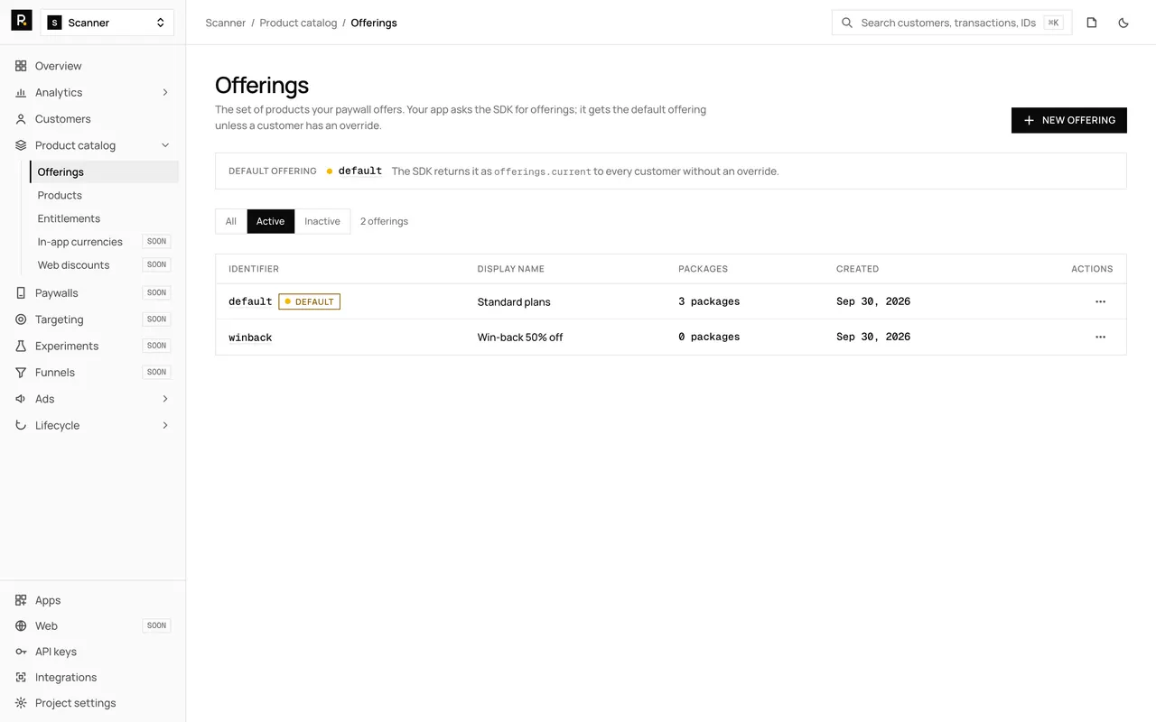 The Offerings page in RevenueDot: default and win-back offerings with their packages
