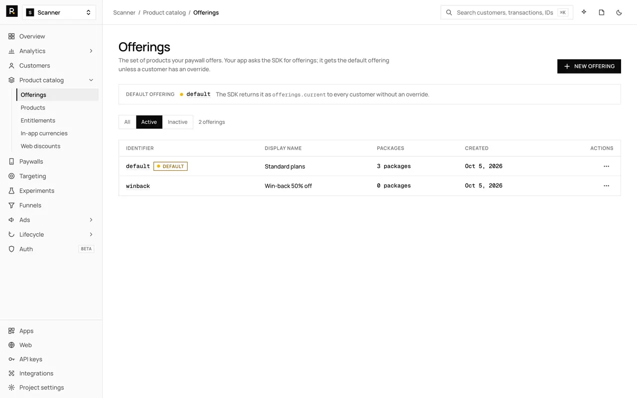The Offerings page in RevenueDot: the default offering with three packages, and a win-back offering