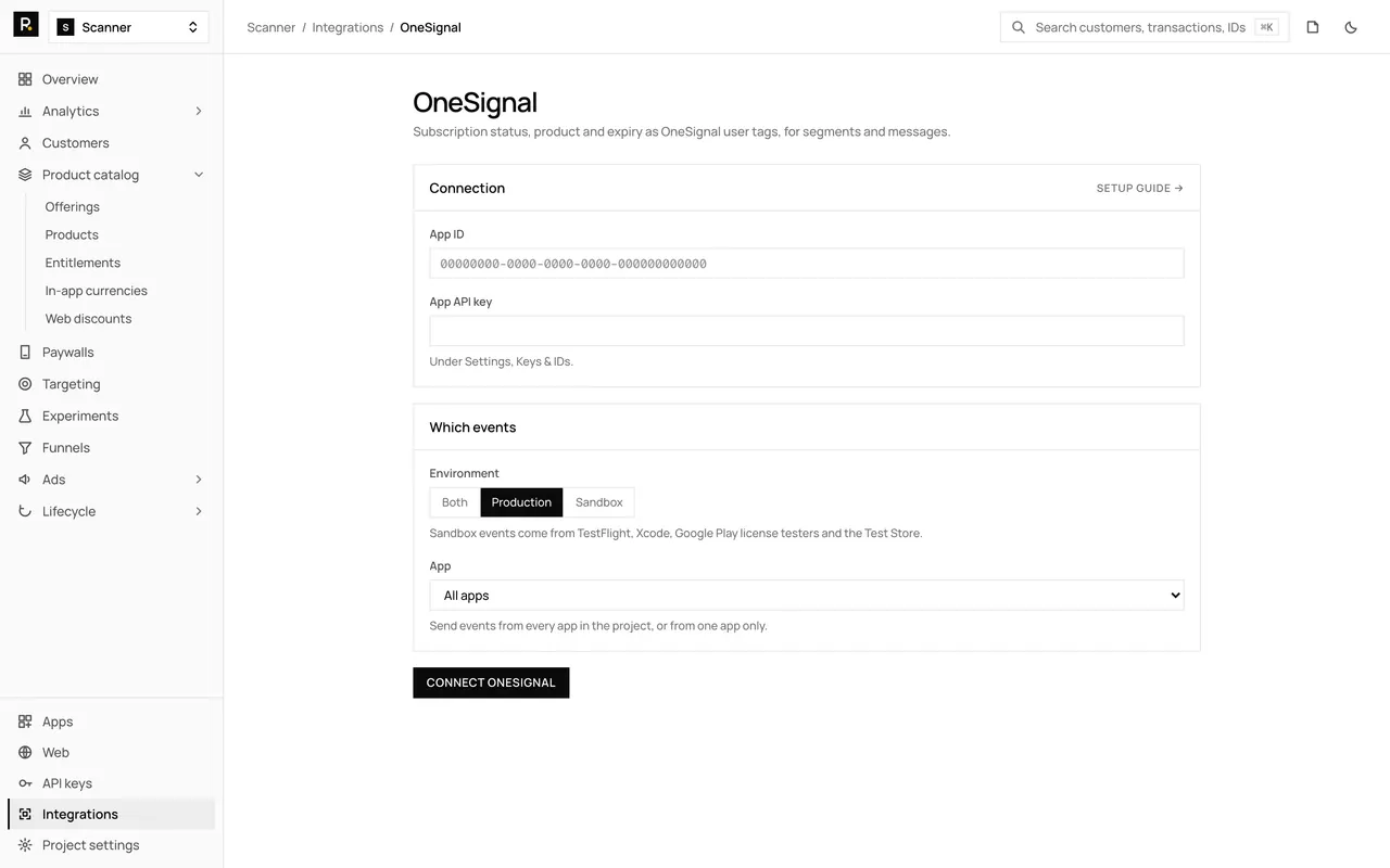 The OneSignal integration page in the RevenueDot dashboard, with its settings form