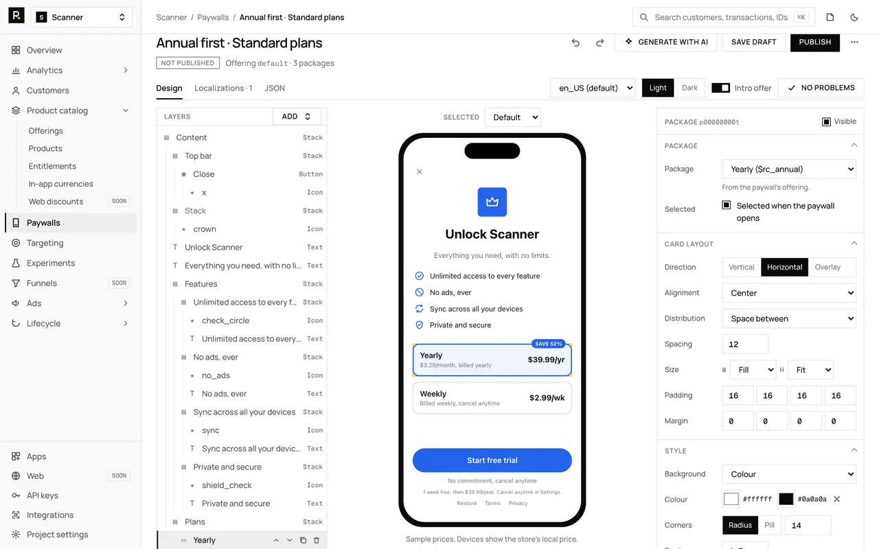 The RevenueDot paywall editor for a paywall named Annual first. The layer tree is on the left, a phone preview in the middle shows a headline, four benefit lines, a selected yearly plan at $39.99 and a Start free trial button, and the properties of the selected package are on the right.