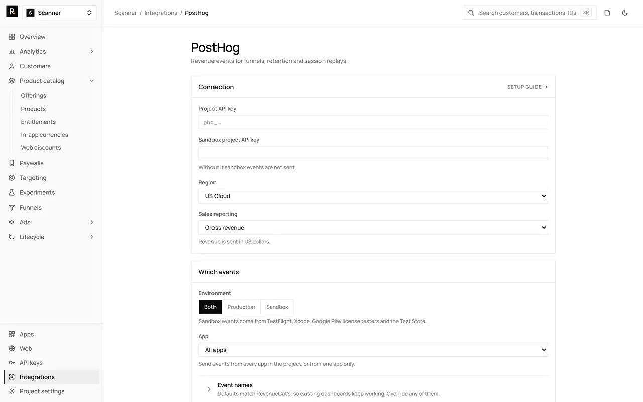 The PostHog integration page in the RevenueDot dashboard, with its settings form