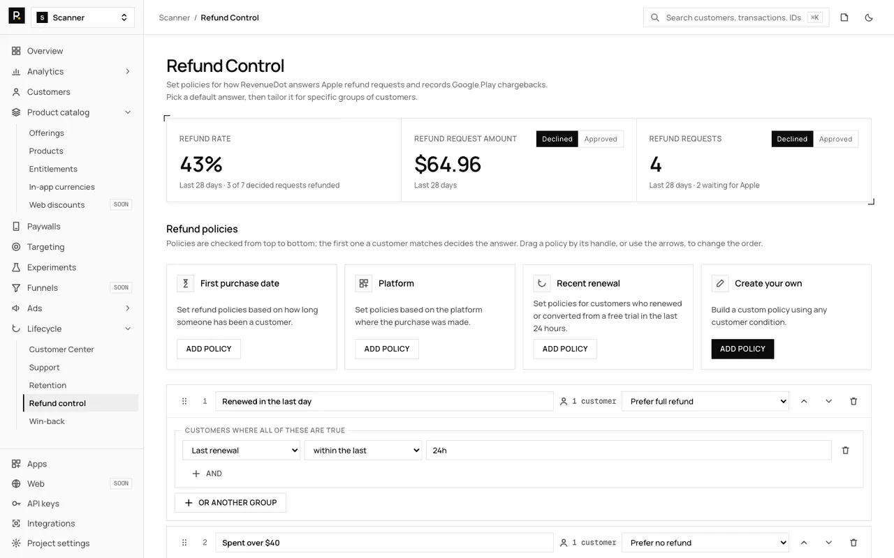 The Refund Control page in the RevenueDot dashboard, where ordered policies pick the answer sent to Apple's CONSUMPTION_REQUEST notification