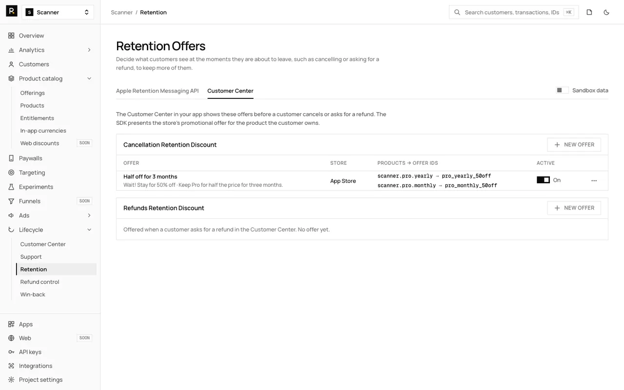 The RevenueDot Retention Offers page on the Customer Center tab. A Cancellation Retention Discount section lists an offer named Half off for 3 months for the App Store, mapping two Scanner Pro products to offer ids, switched on. A Refunds Retention Discount section below has no offer yet.
