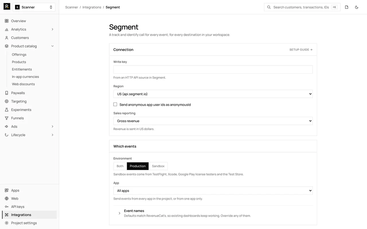 The Segment integration page in the RevenueDot dashboard, with its settings form