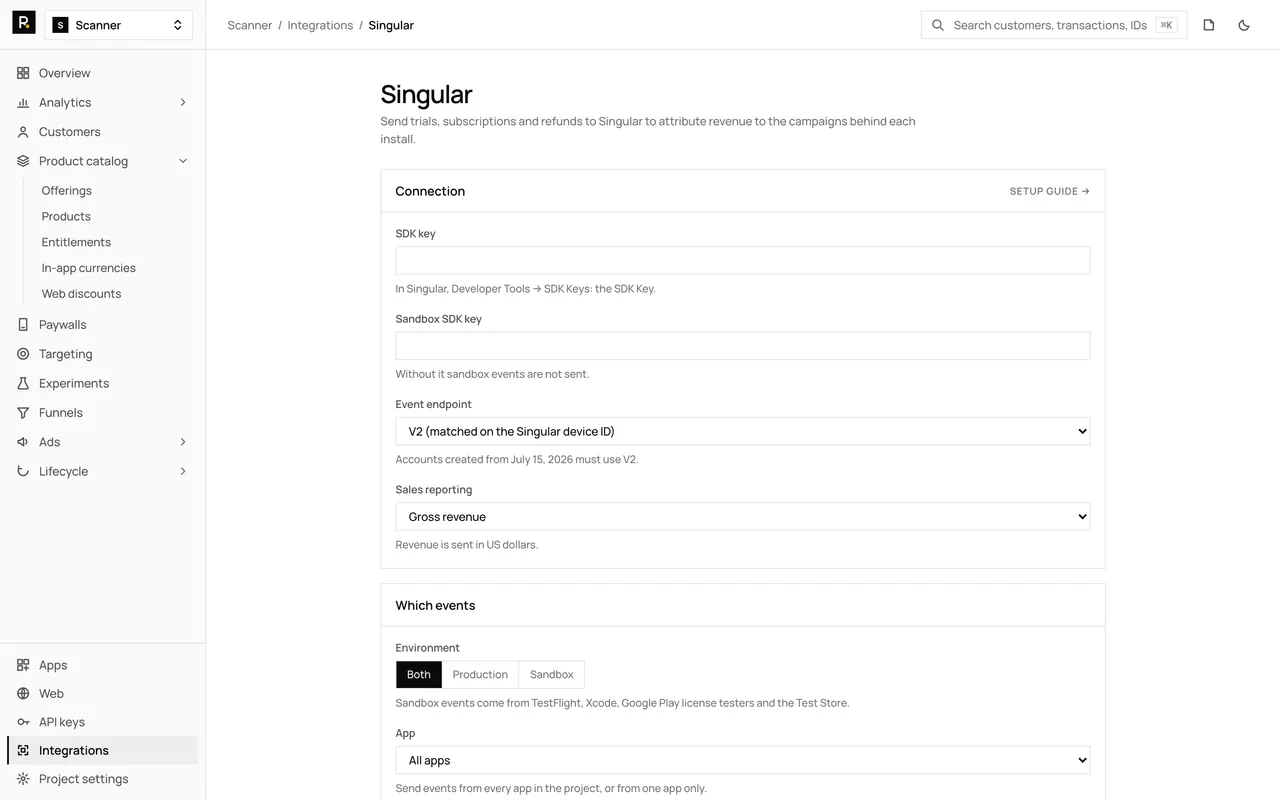 The Singular integration page in the RevenueDot dashboard, with its settings form