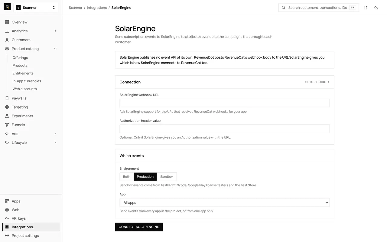The SolarEngine integration page in the RevenueDot dashboard, with its settings form