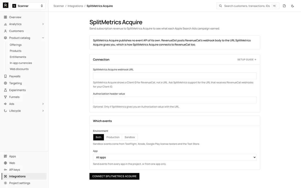The SplitMetrics Acquire integration page in the RevenueDot dashboard, with its settings form