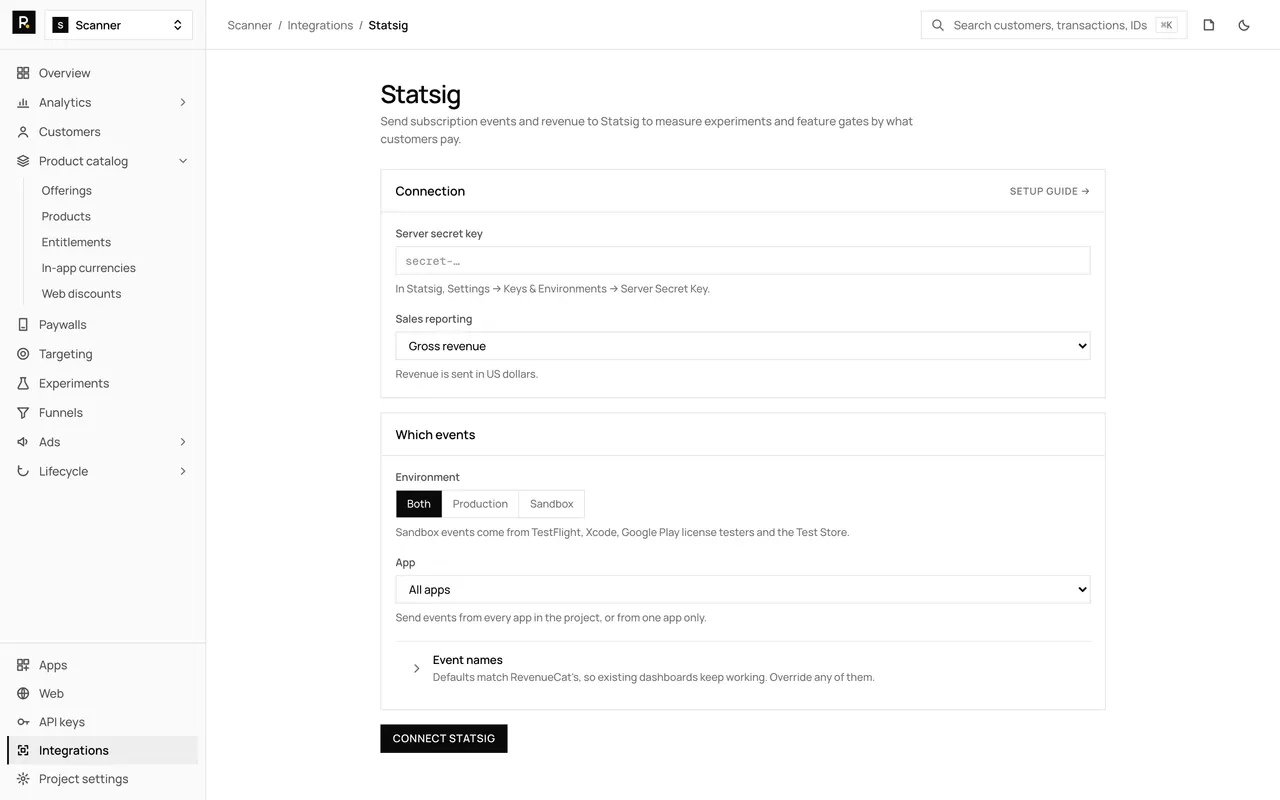 The Statsig integration page in the RevenueDot dashboard, with its settings form