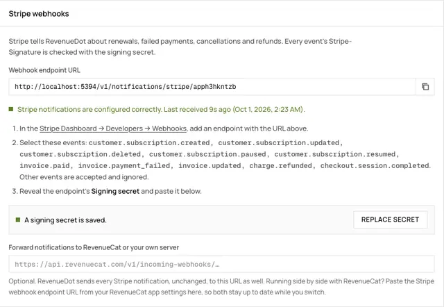 The Stripe app page in the RevenueDot dashboard showing the webhook URL, its live status and the events to select in Stripe