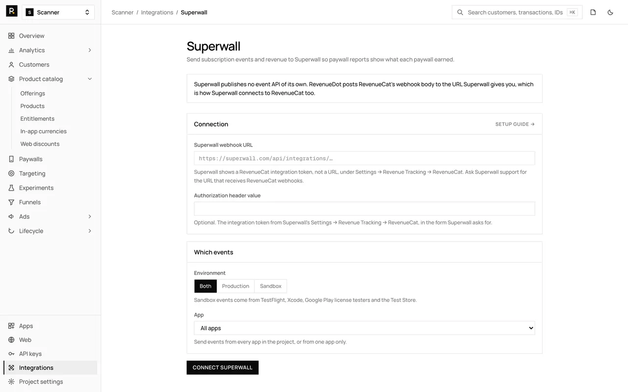 The Superwall integration page in the RevenueDot dashboard, with its settings form