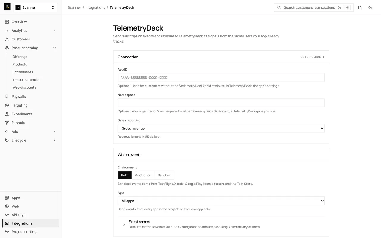 The TelemetryDeck integration page in the RevenueDot dashboard, with its settings form