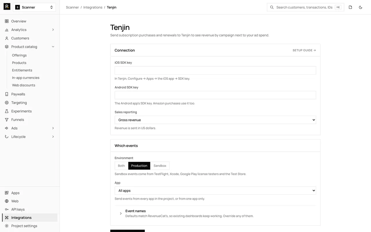 The Tenjin integration page in the RevenueDot dashboard, with its settings form