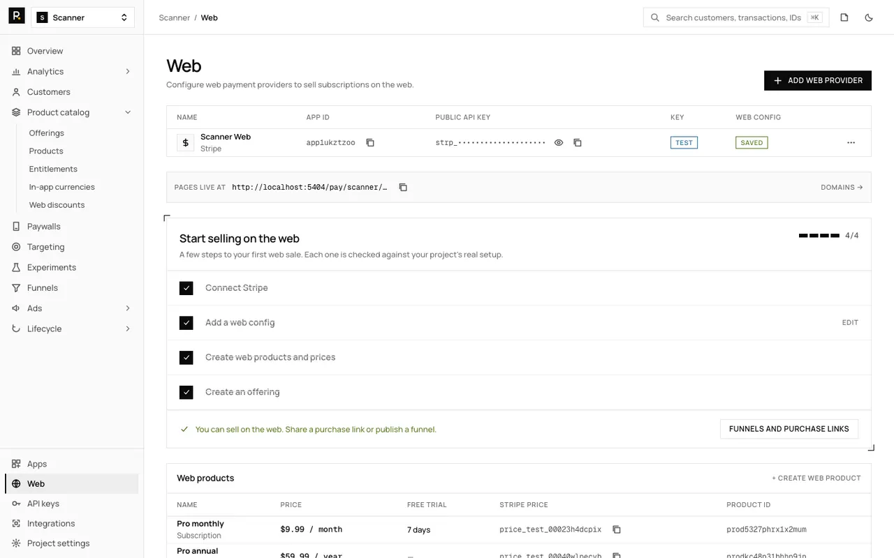 The RevenueDot Web page with one Stripe provider named Scanner Web, a four-step checklist with every step ticked (connect Stripe, add a web config, create web products and prices, create an offering), and a table of web products starting with Pro monthly at $9.99 a month with a 7-day free trial.