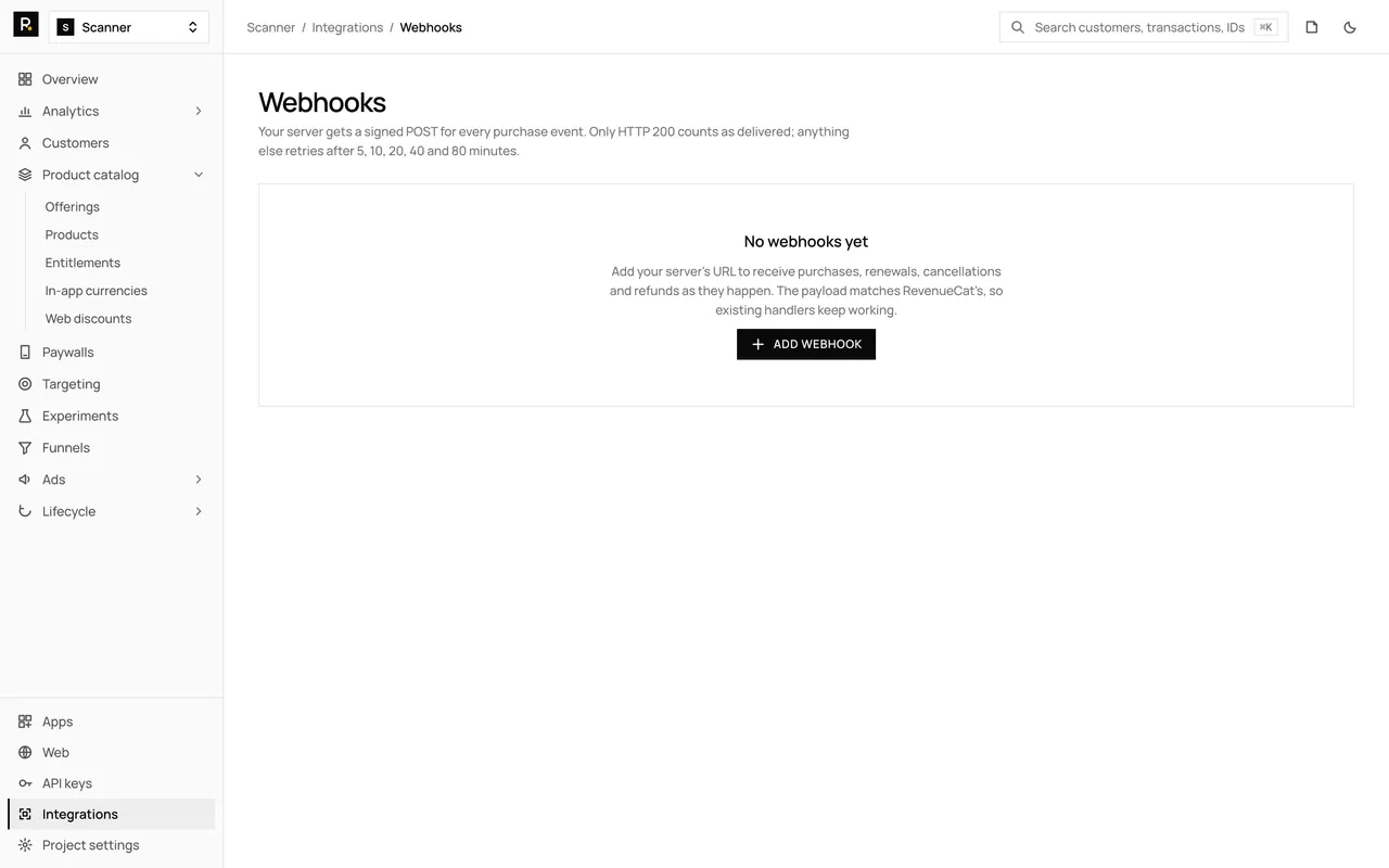 The Webhooks integration page in the RevenueDot dashboard, with its settings form