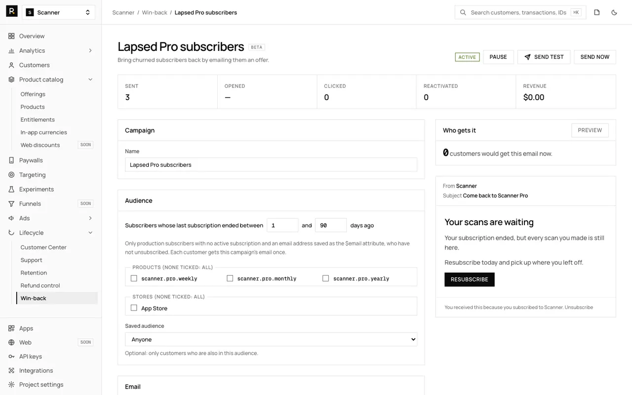 The RevenueDot win-back campaign editor for a campaign named Lapsed Pro subscribers. Counters show sent, opened, clicked, reactivated and revenue. The audience is subscribers whose last subscription ended between 1 and 90 days ago, with product and store tick boxes, and an email preview with a Resubscribe button.