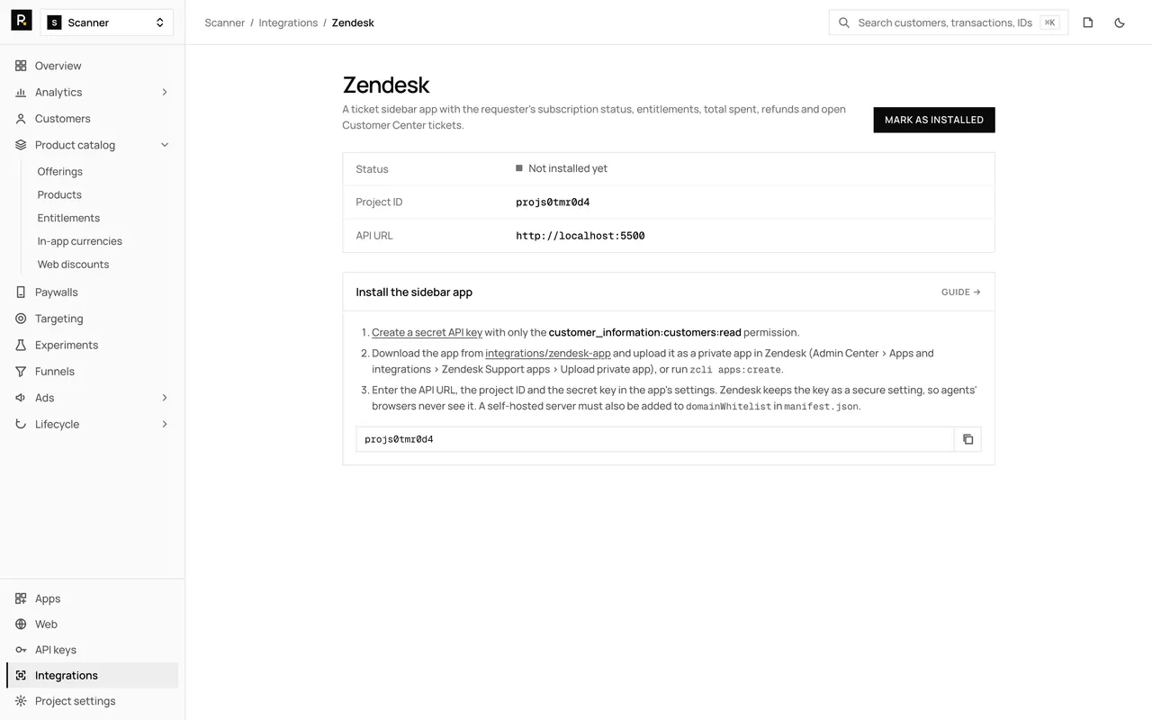 The Zendesk integration page in the RevenueDot dashboard, with its settings form