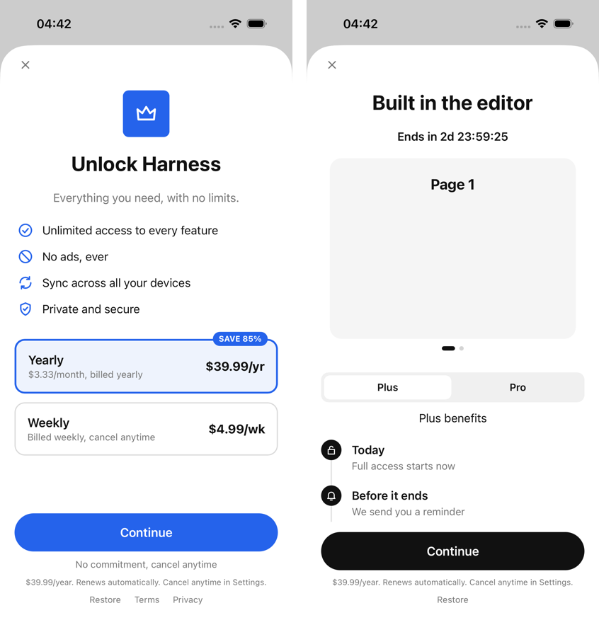 A RevenueDot paywall on iOS with two plan cards, yearly selected and weekly below, a Continue button, a no-commitment line and the disclosure line